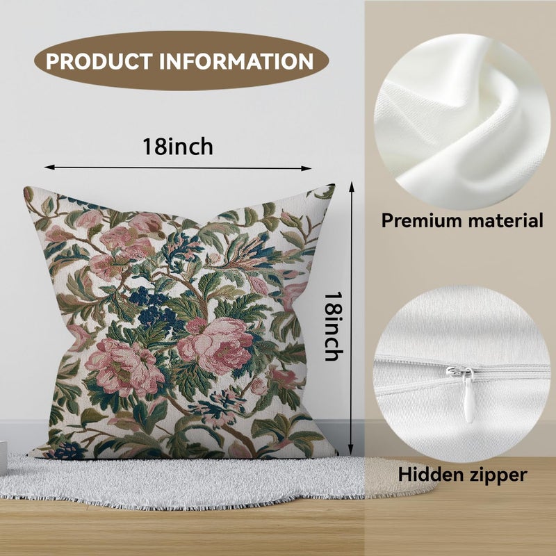 RBAFAO Vintage Floral Throw Pillow Covers, Vintage Flower Pattern Double Sided Cushion Cover, Indoor and Outdoor Home Art Decor Pillowcase for Sofa or Bedroom Decor 18x18inches (Green&Pink, 18x18inches) - Image 2